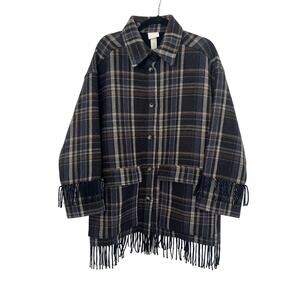 H&M Plaid Fringe Flannel Coat Jacket Womens Medium Large Cabin Winter Western